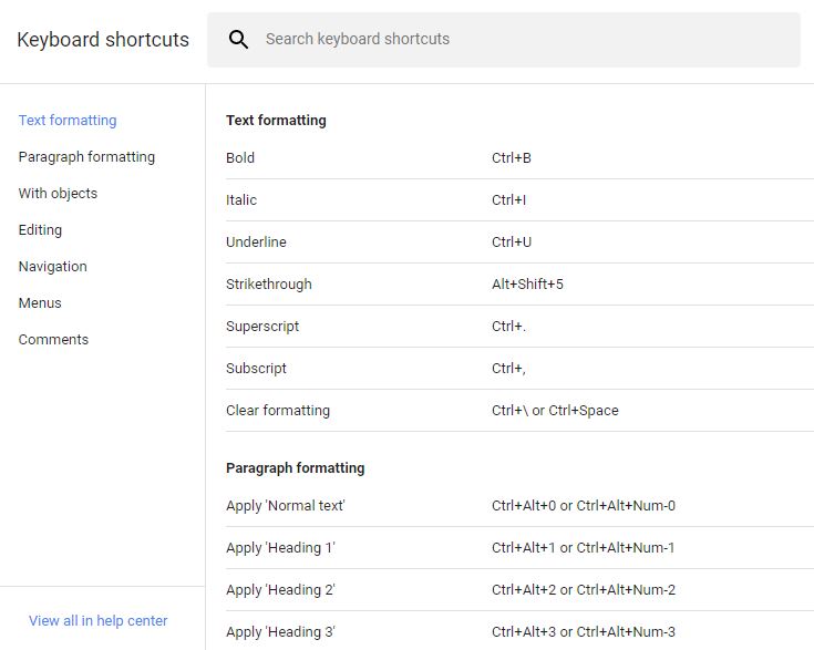 keyboard shortcuts for google docs