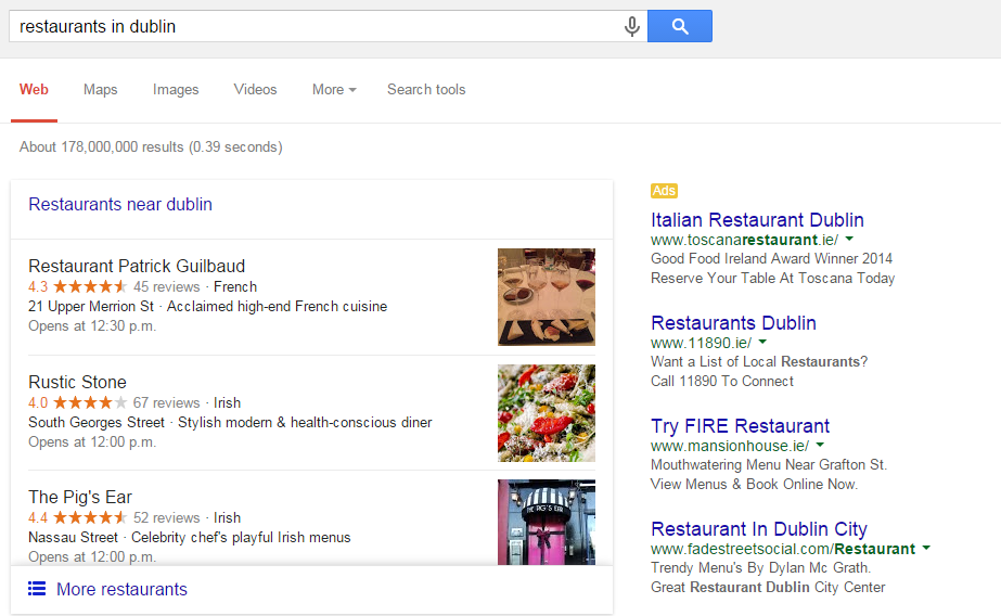 Google search engine optimisation results page for 'restaurants in dublin' ireland